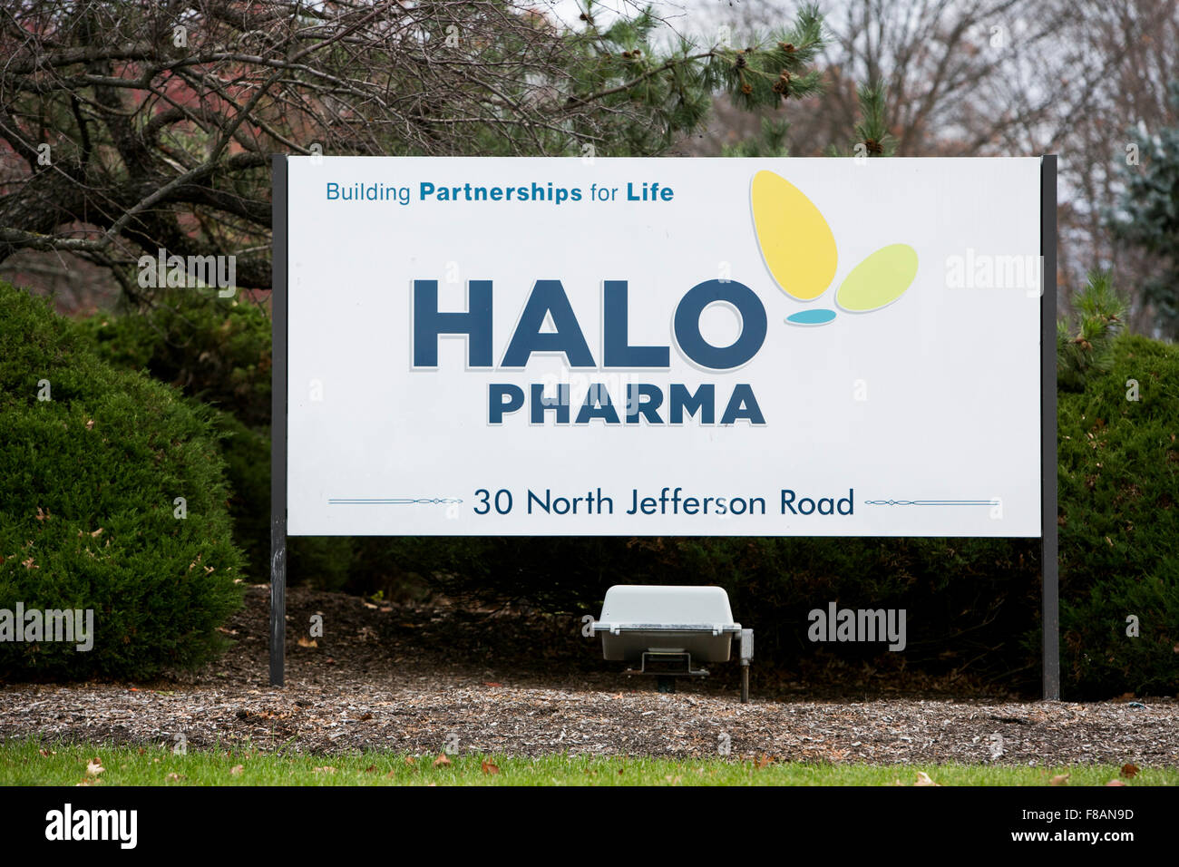 A logo sign outside of the headquarters of Halo Pharmaceutical Inc., in Whippany, New Jersey on November 22, 2015. Stock Photo