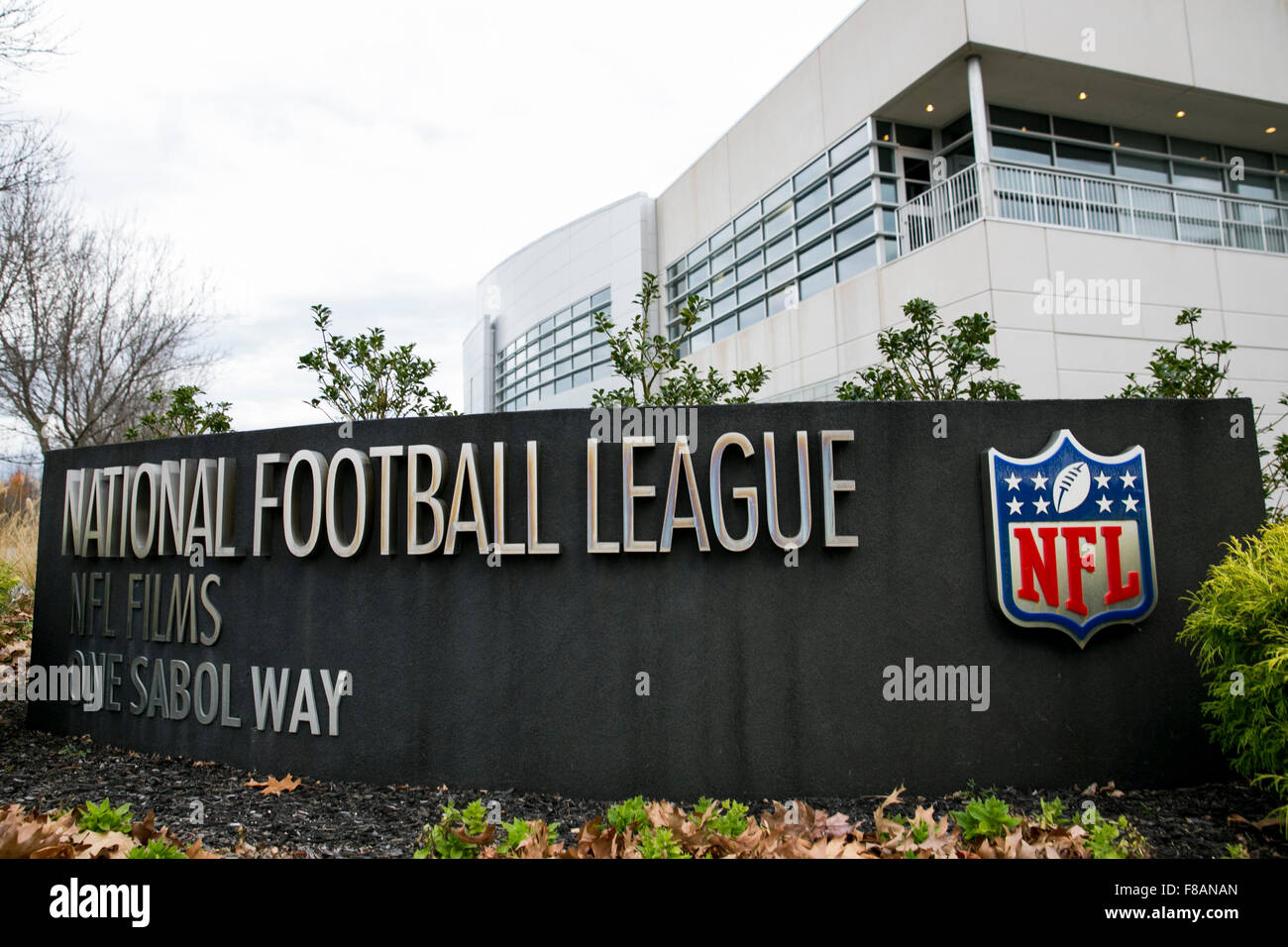 A logo sign outside of the headquarters of NFL Films in Mount Laurel, New Jersey on November 22, 2015. Stock Photo