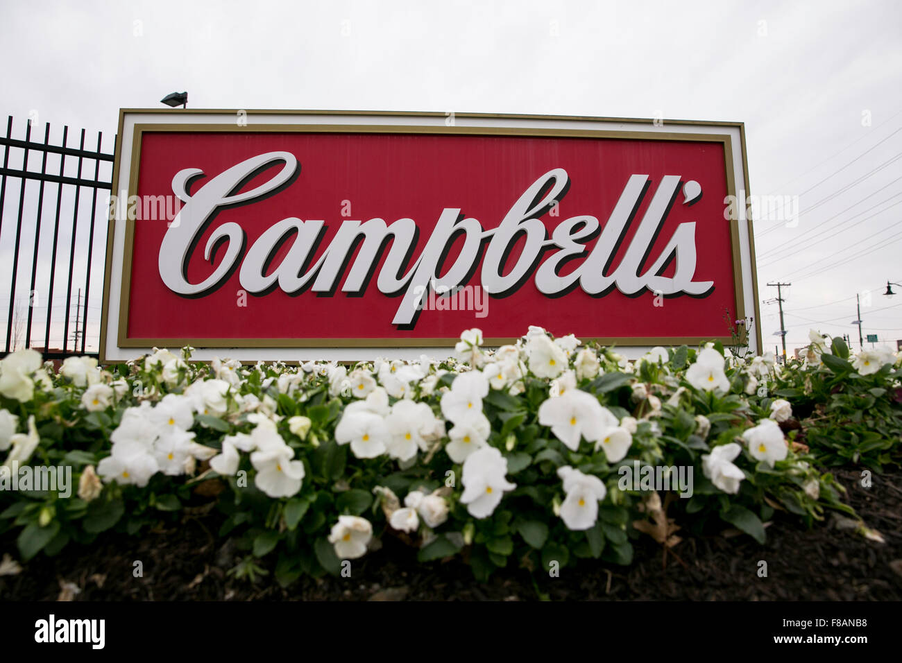 A logo sign outside of the headquarters of The Campbell Soup Company