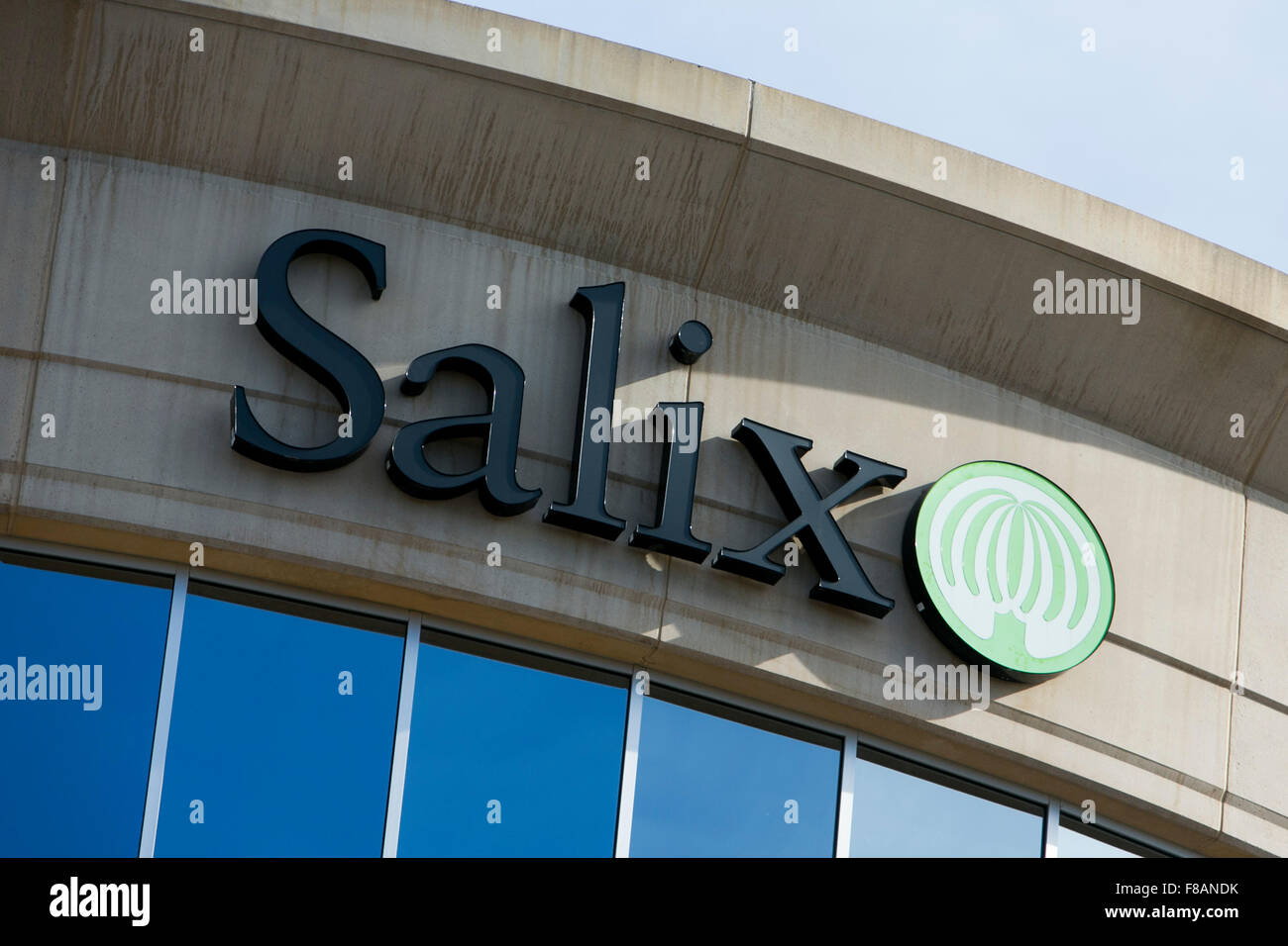 A logo sign outside of the headquarters of Salix Pharmaceuticals, Inc