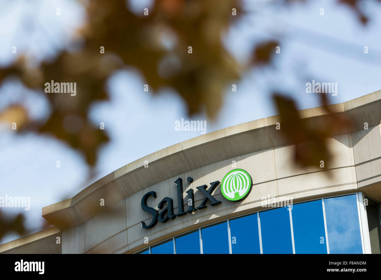 A logo sign outside of the headquarters of Salix Pharmaceuticals, Inc