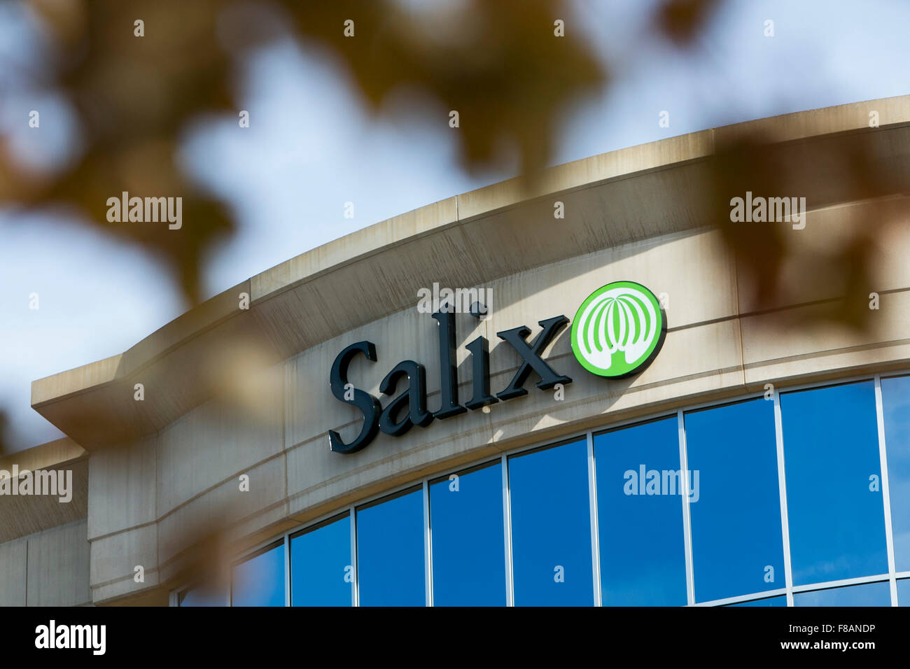A logo sign outside of the headquarters of Salix Pharmaceuticals, Inc