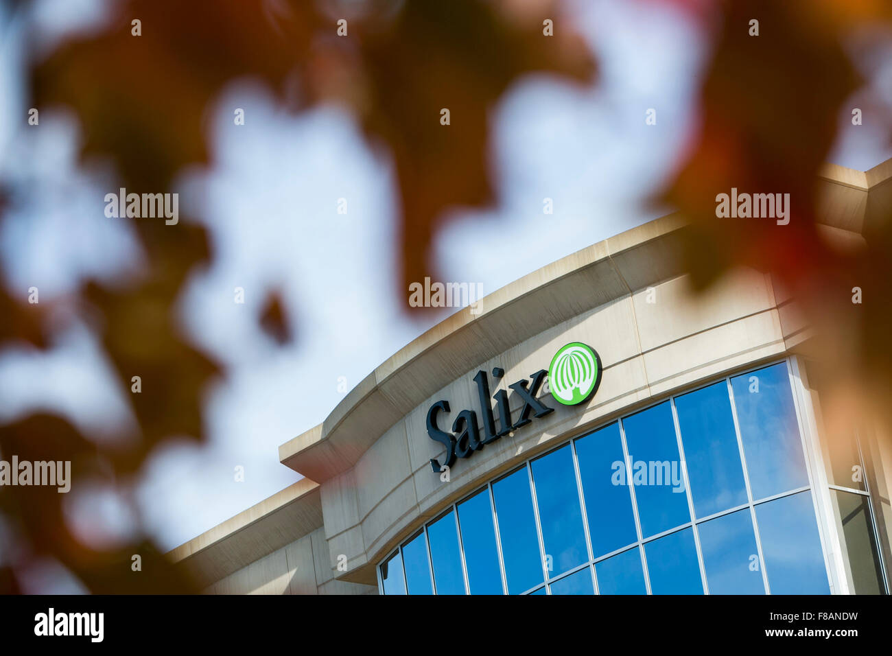 A logo sign outside of the headquarters of Salix Pharmaceuticals, Inc