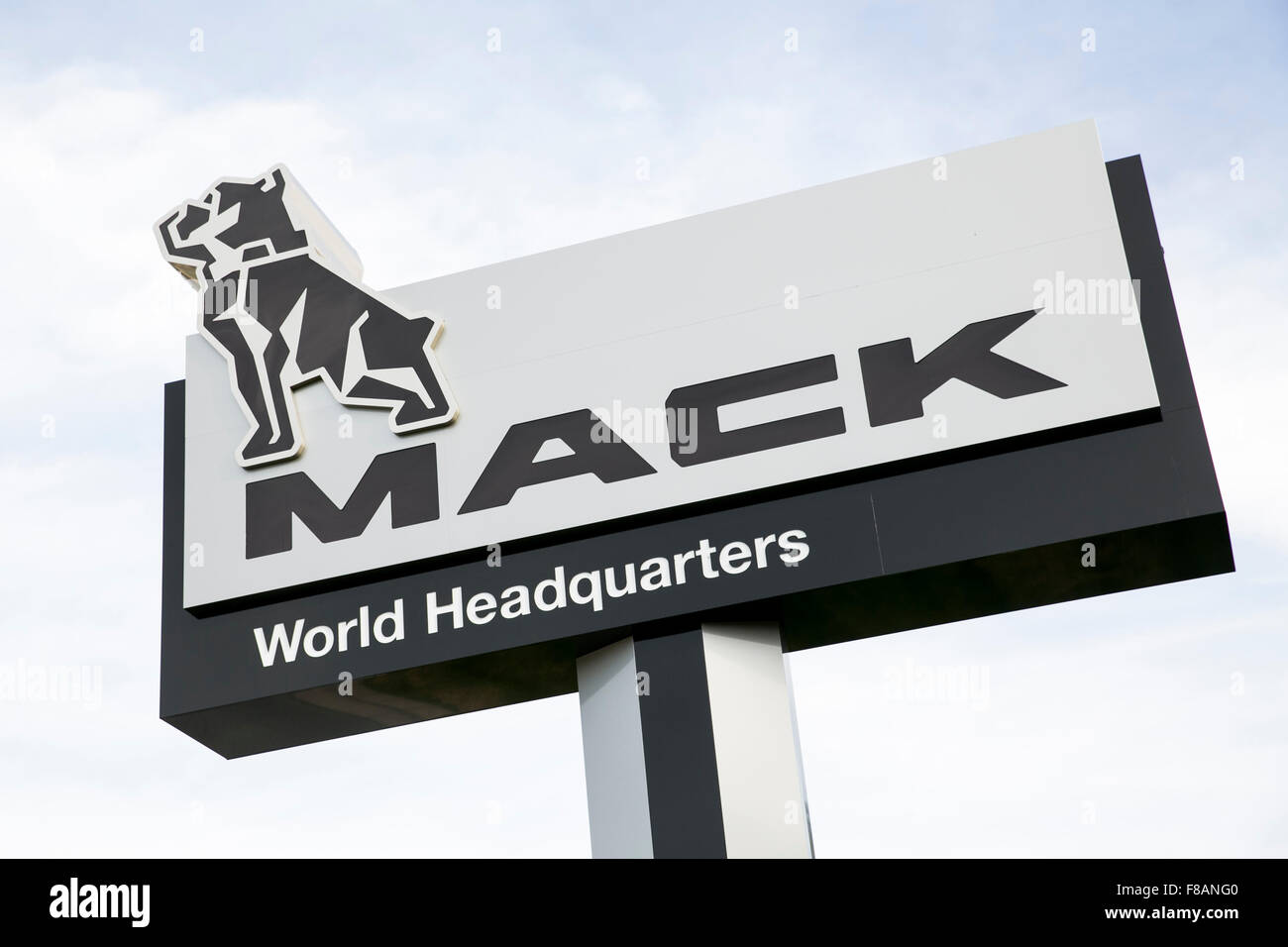 A logo sign outside of the headquarters of Mack Trucks, Inc., in