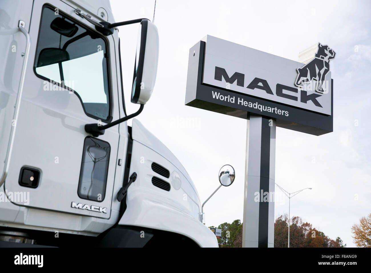 A logo sign outside of the headquarters of Mack Trucks, Inc., in  Greensboro, North Carolina on November 27, 2015. Photo by Kristoffer  Tripplaar *** Please Use Credit from Credit Field *** Stock Photo - Alamy