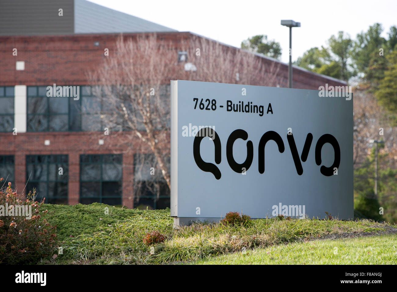 A logo sign outside of the headquarters of Qorvo in Greensboro, North