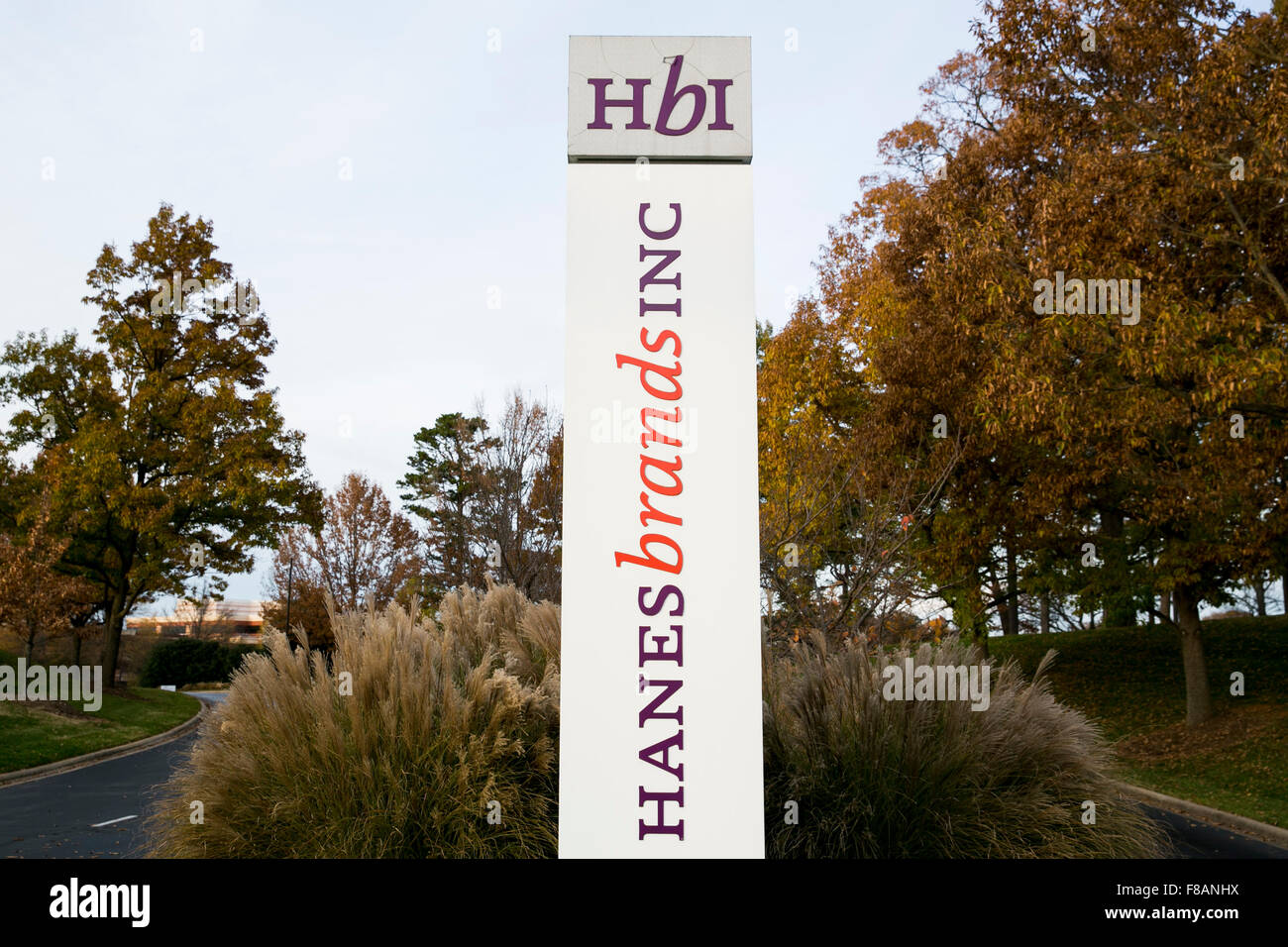 A logo sign outside of the headquarters of Hanesbrands Inc., in Winston-Salem, North Carolina on November 27, 2015. Stock Photo
