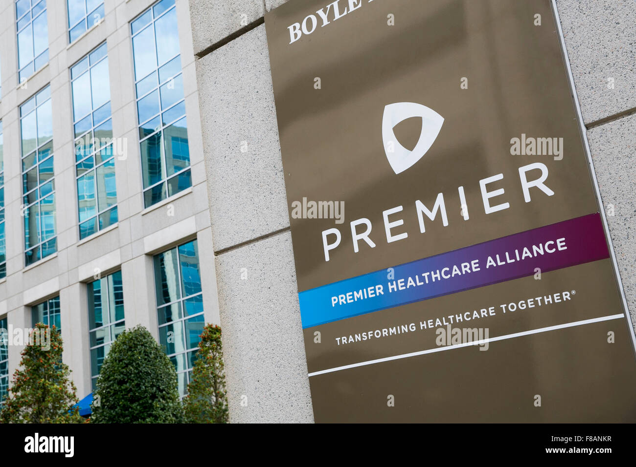 A logo sign outside of the headquarters of Premier, Inc., in Charlotte, North Carolina on November 28, 2015. Stock Photo