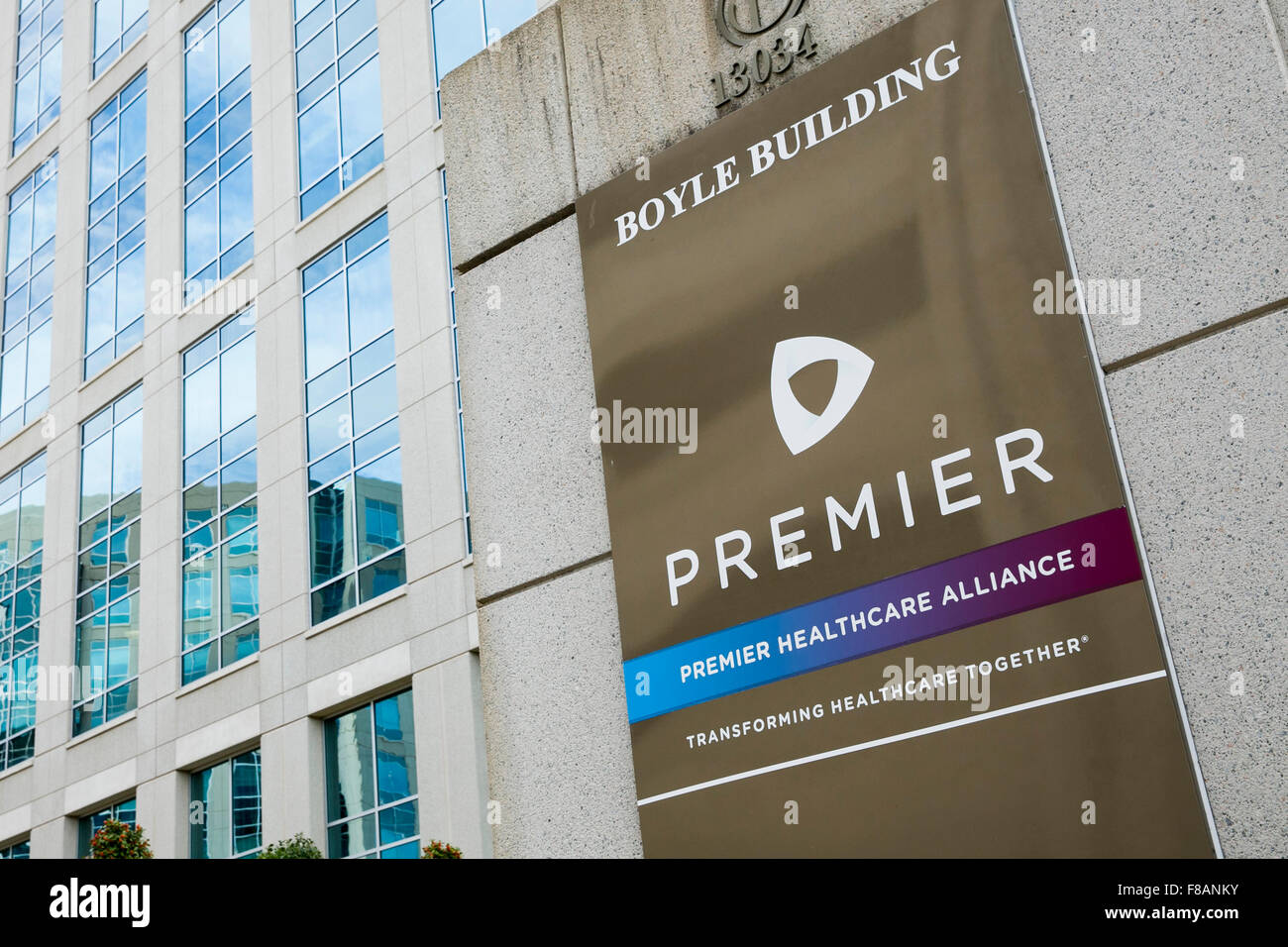 A logo sign outside of the headquarters of Premier, Inc., in Charlotte, North Carolina on November 28, 2015. Stock Photo
