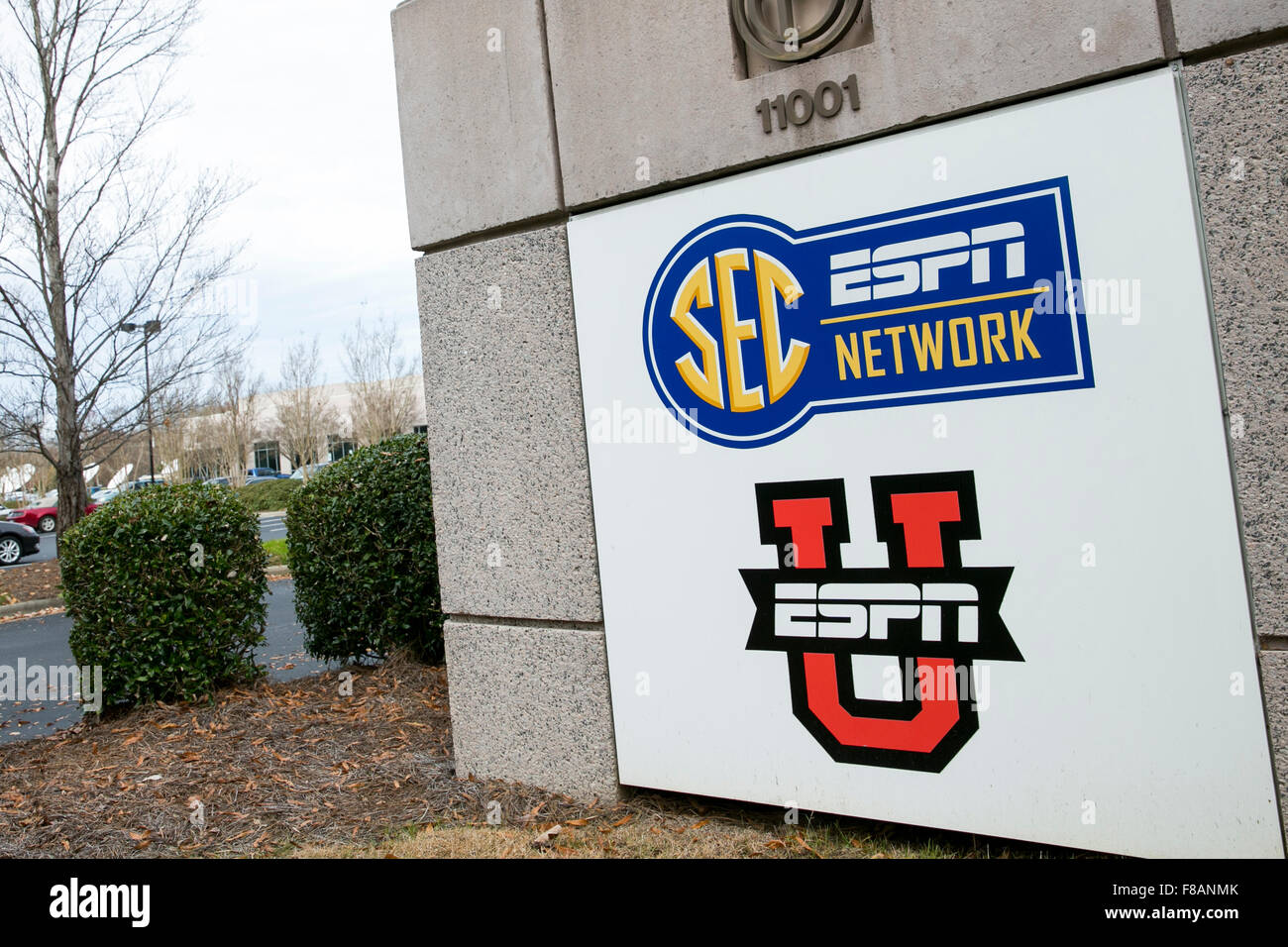 A logo sign outside the headquarters of ESPNU and the SEC Network in Charlotte, North Carolina on November 28, 2015 Stock Photo