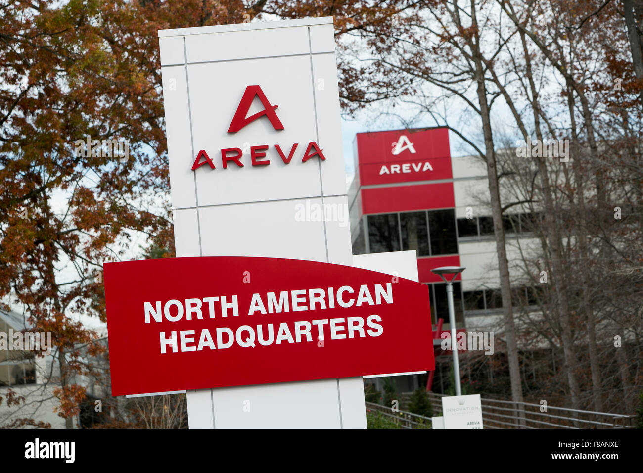 A logo sign outside of the North American headquarters of Areva in Charlotte, North Carolina on November 28, 2015. Stock Photo