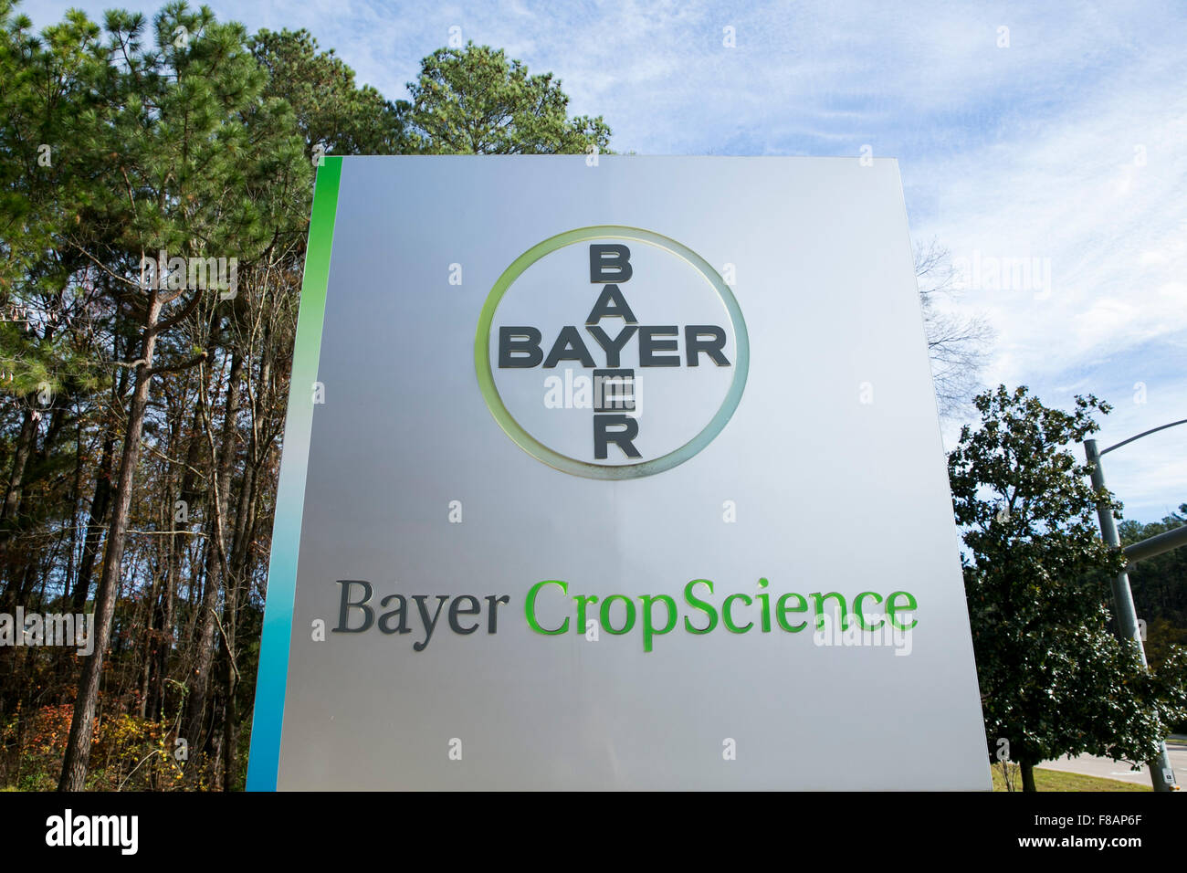 A logo sign outside of a facility occupied by Bayer CropScience in Research Triangle Park, North Carolina on November 29, 2015. Stock Photo