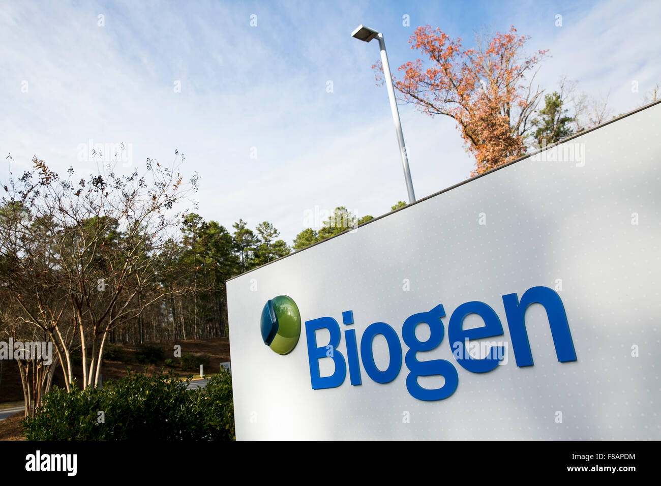 A logo sign outside of a facility occupied by Biogen in Research
