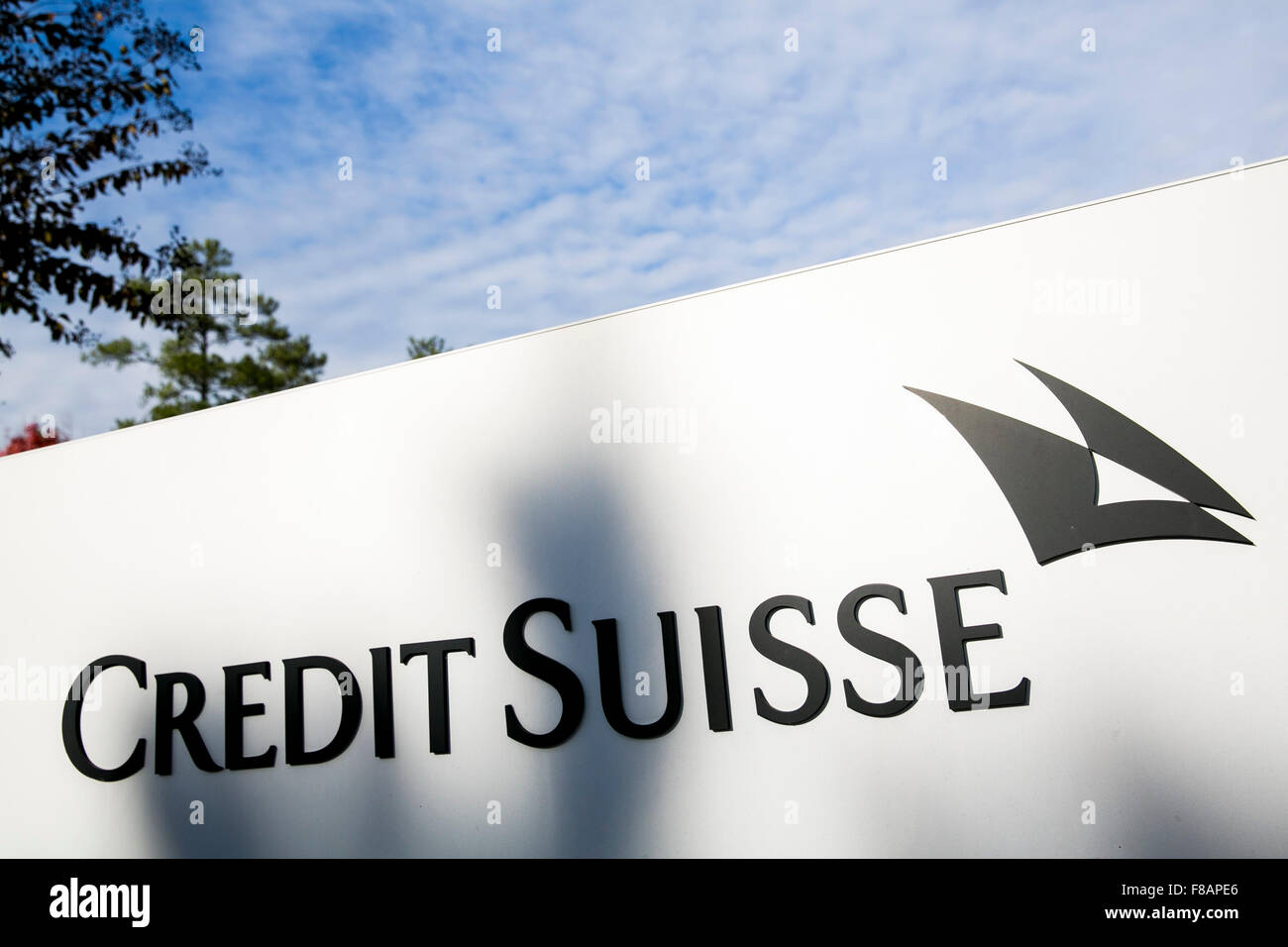 A logo sign outside of a facility occupied by the Credit Suisse Group in Research Triangle Park, North Carolina on November 29,  Stock Photo