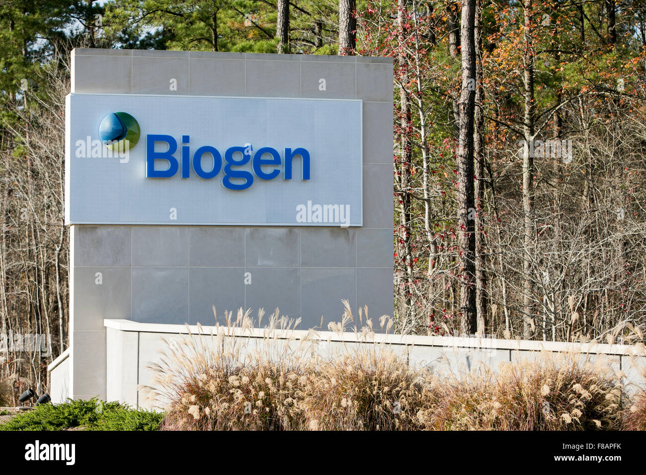 A logo sign outside of a facility occupied by Biogen in Research