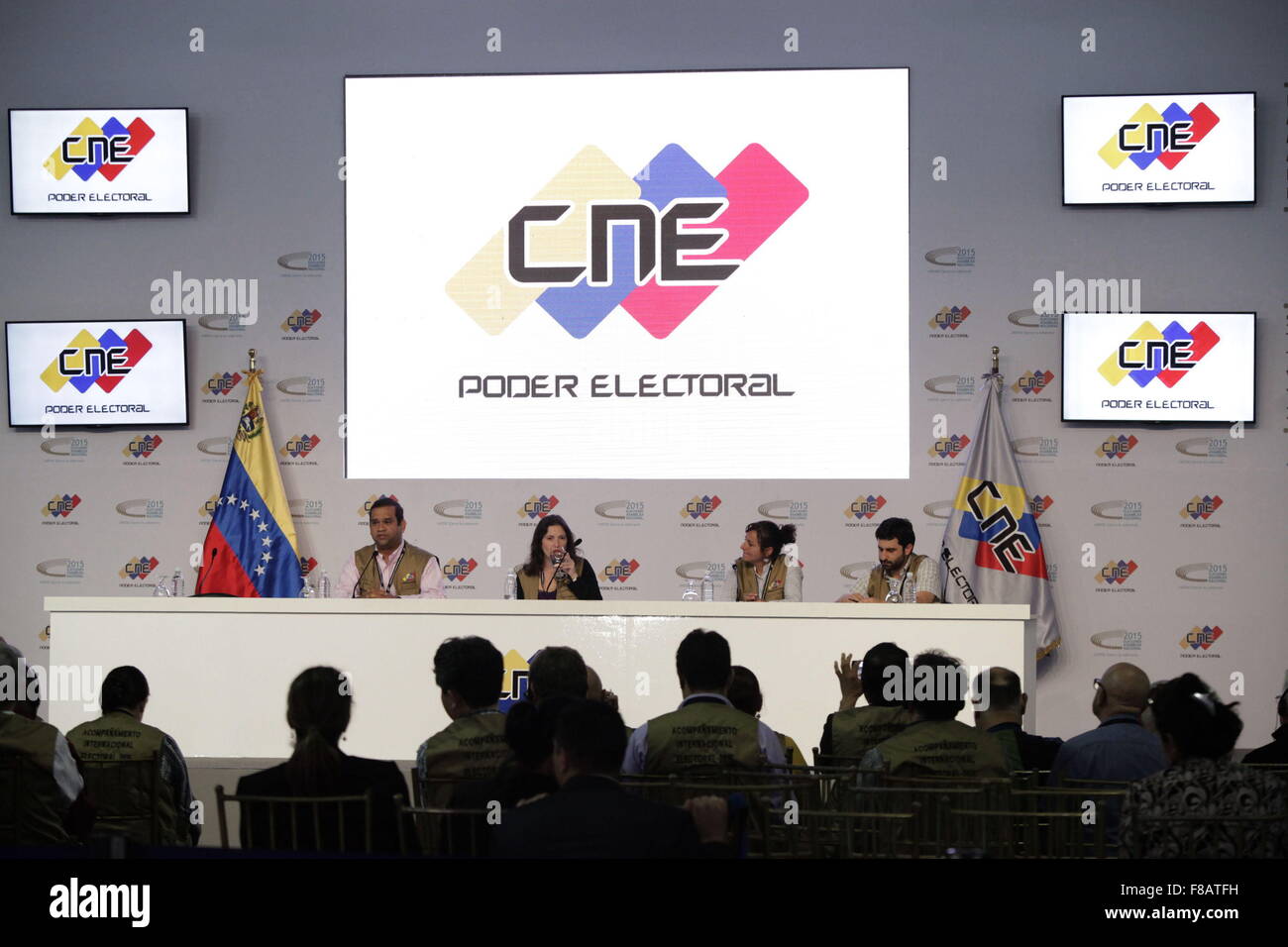 Caracas, Venezuela. 7th Dec, 2015. Members of the International Observers certified by the National Electoral Council take part in a press conference in Caracas, Venezuela, on Dec. 7, 2015. The electoral authorities confirmed that at least 99 of the 167 seats in Parliament were garnered by the Democratic Unity Roundtable opposition coalition. The ruling United Socialist Party won only 46 of the declared seats. © Ricardo Hern¨¢ndez/AVN/Xinhua/Alamy Live News Stock Photo