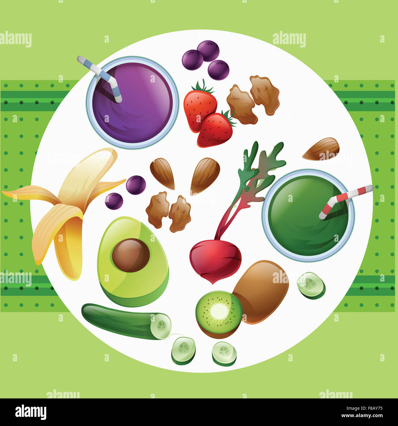 Organic fruits and vegetables with juice in a circle frame with green ...