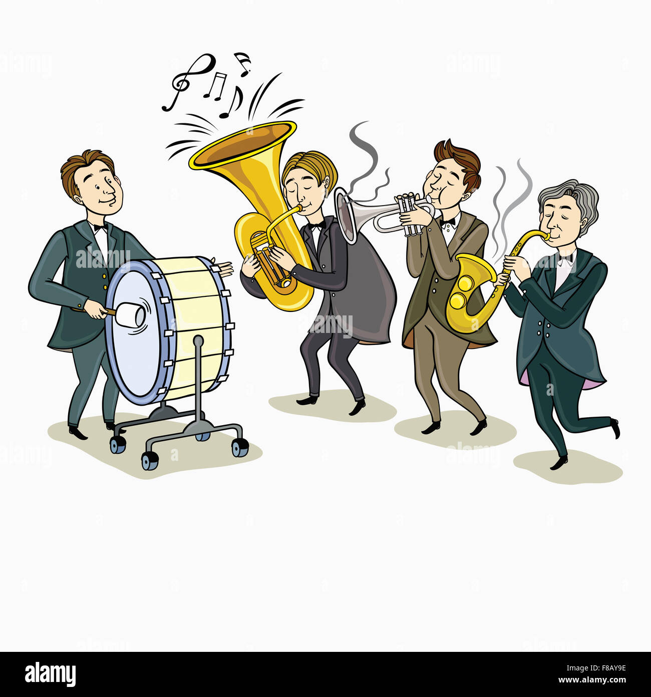 Four musicians playing tuba, trumpet, saxophone and drum Stock Photo