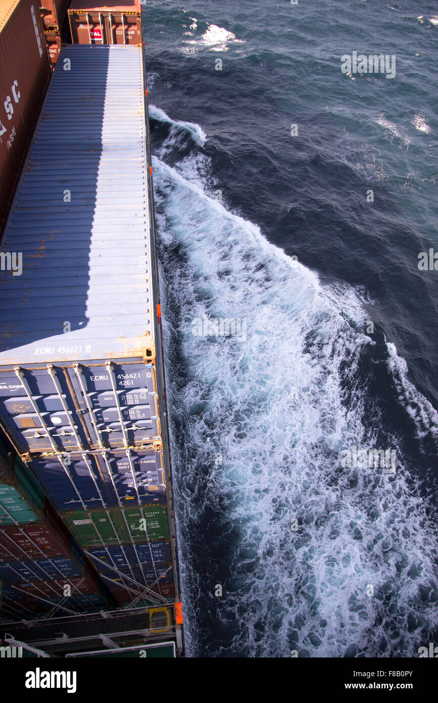 View from the wing of the bridge on large container ship Corte Real. Stock Photo