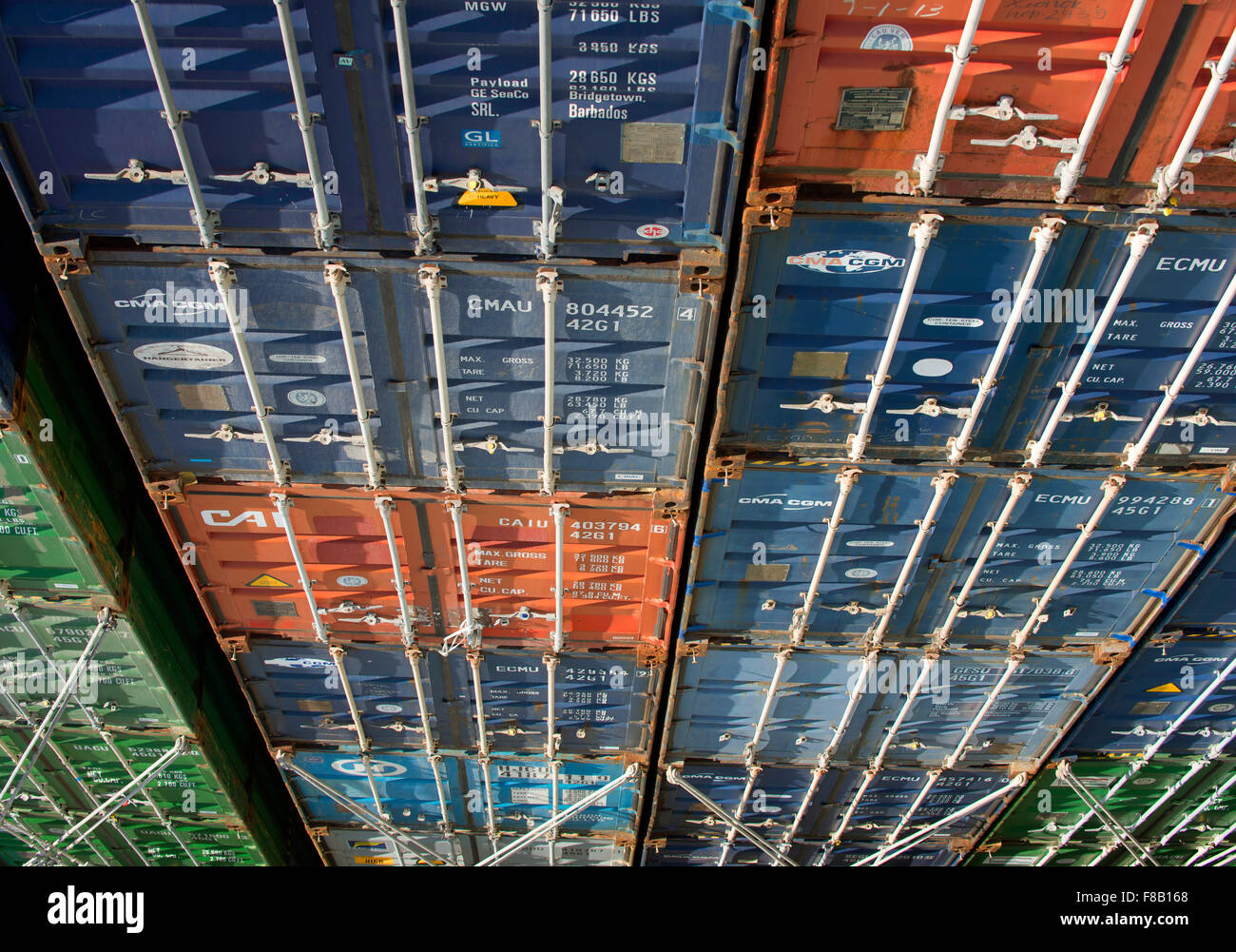View of stacked containers in the stern of Corte Real ship from high up
