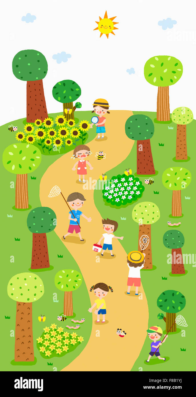 Background of summer vacation with children observing flowers, insects and trees in forest Stock Photo