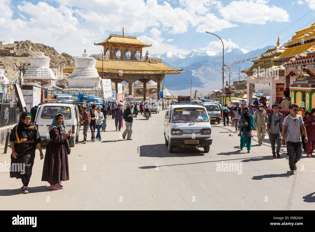 The streets of Leh in Ladakh in India Jammu & Kashmir state. Stock Photo