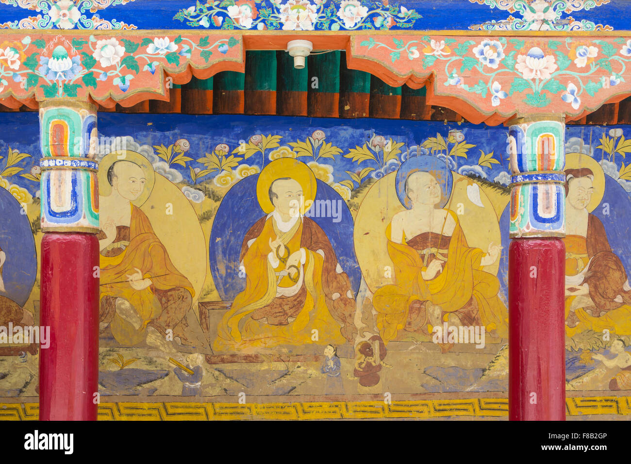 Buddhist fresco in Thiksay monastery near Leh in Ladakh, a part of Jammu & Kashmir state in India Stock Photo