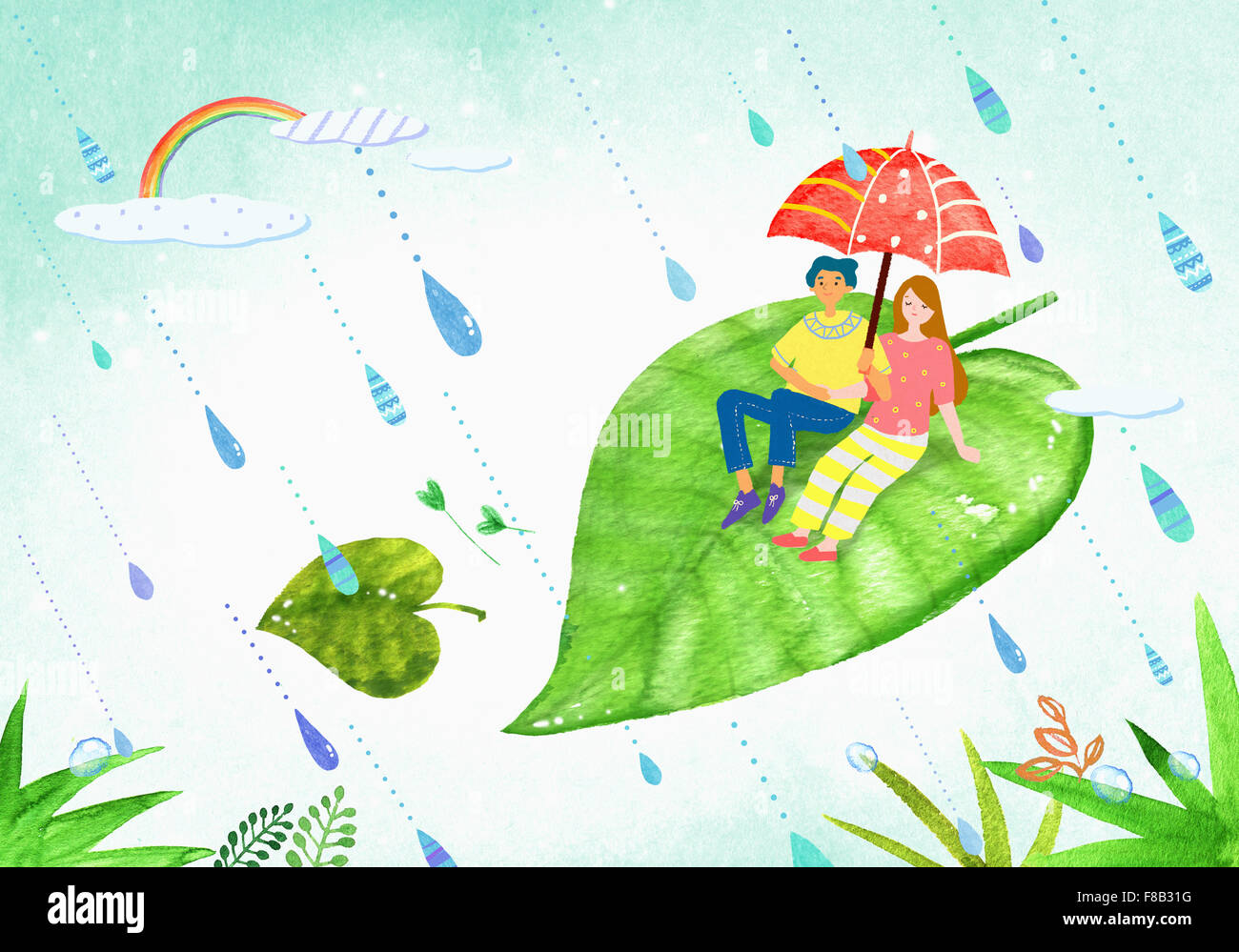 Couple sitting on leaf and sharing umbrella in the rain Stock Photo - Alamy