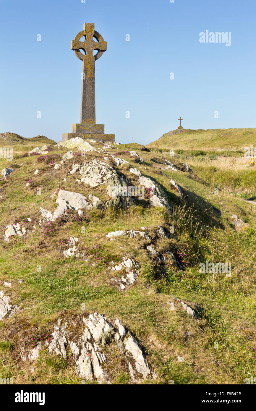Crosses on Llabddwyn Island, Anglesey Wales Stock Photo
