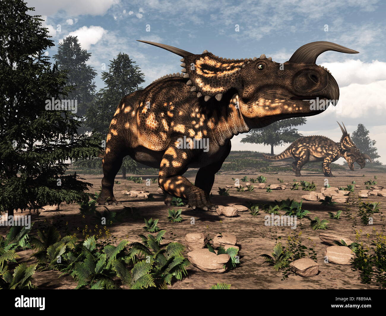 Two einiosaurus dinosaurs walking in the desert by day - 3D render Stock Photo