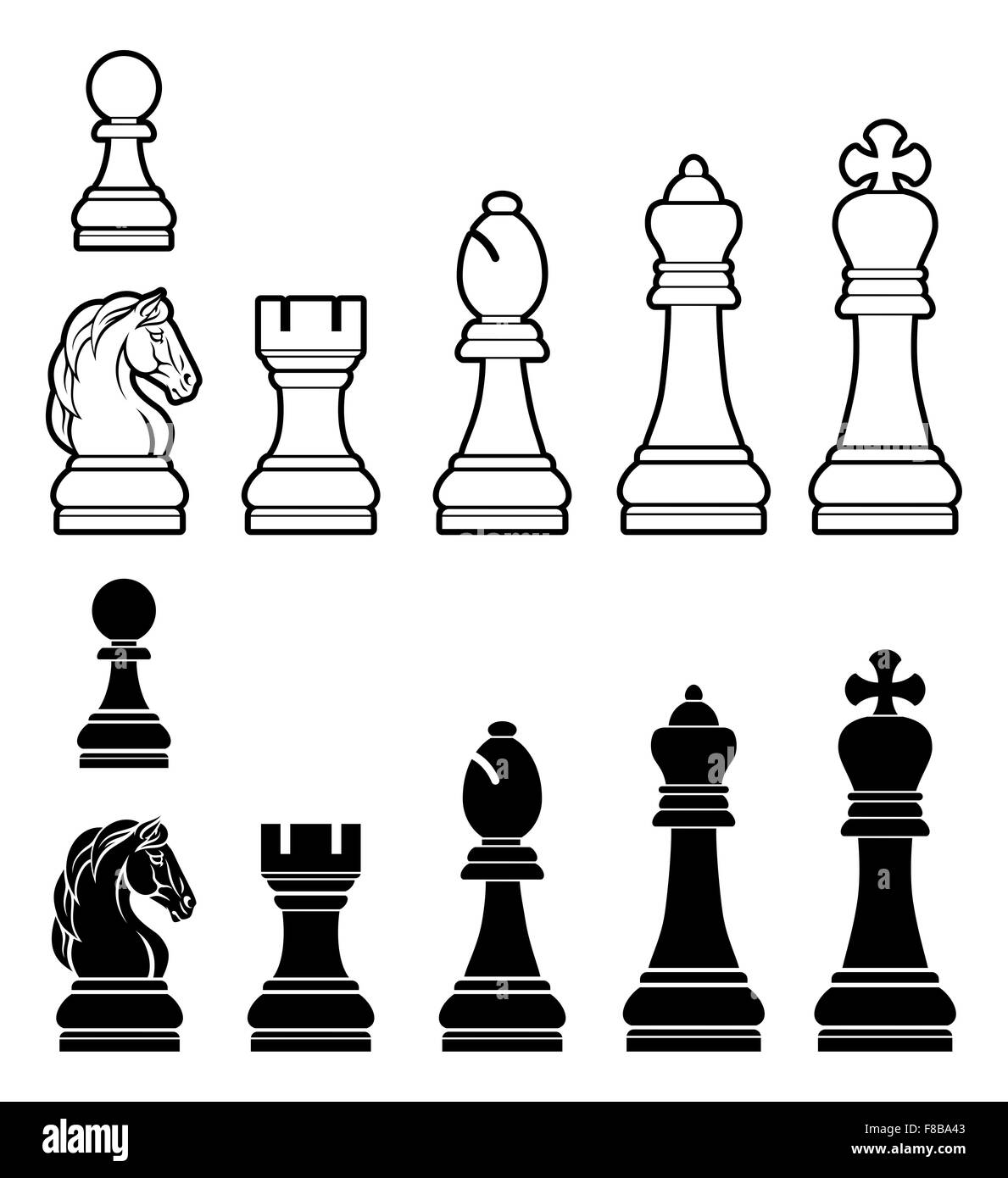 A complete set of chess pieces in black and white Stock Photo