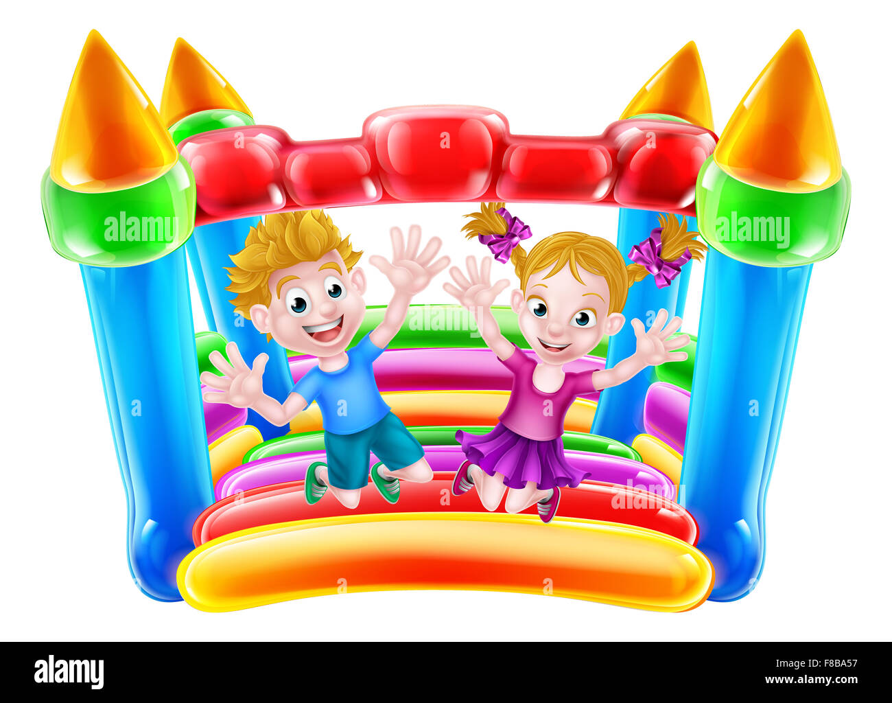 Cartoon boy and girl jumping on a bouncy castle Stock Photo