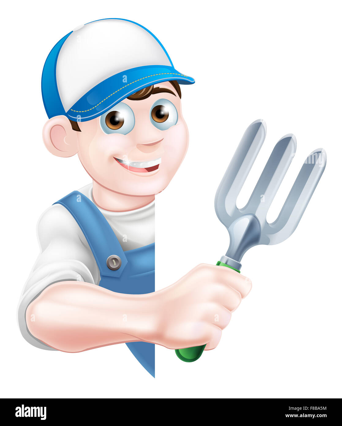 Cartoon gardener character in a cap and blue dungarees holding a garden fork tool peeking around a sign Stock Photo