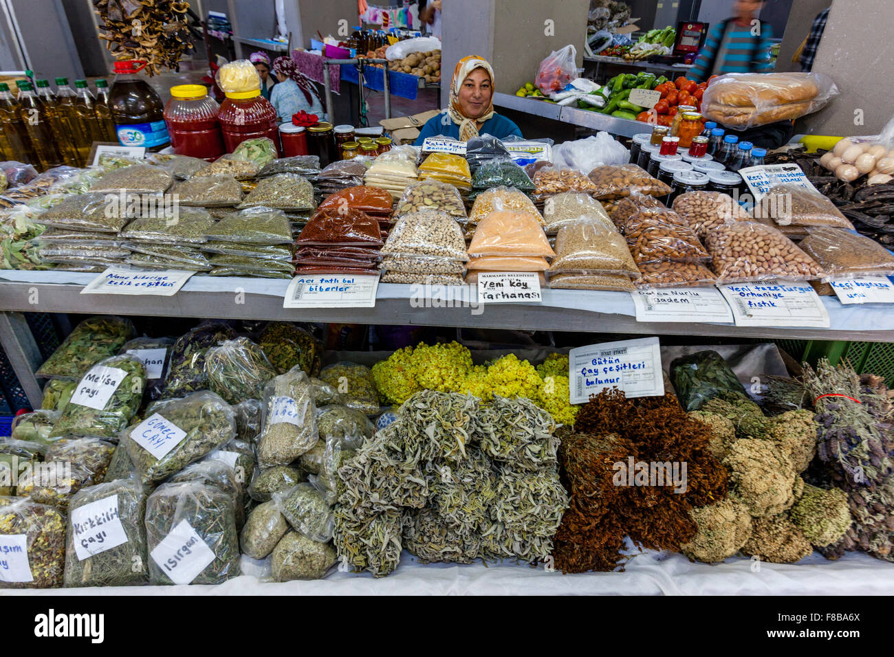 Dried Pulses, Herbs and Spices For Sale At The Market In Marmaris, Mugla Province, Turkey Stock Photo