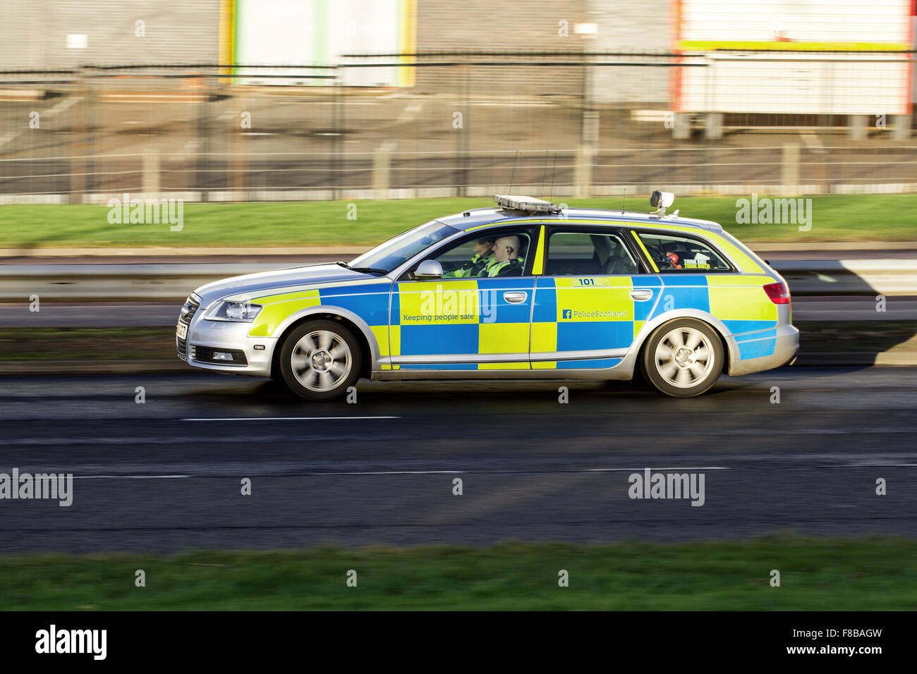 Police Scotland Audi police car responding to an incident along the Kingsway West dual carriageway in Dundee, UK Stock Photo