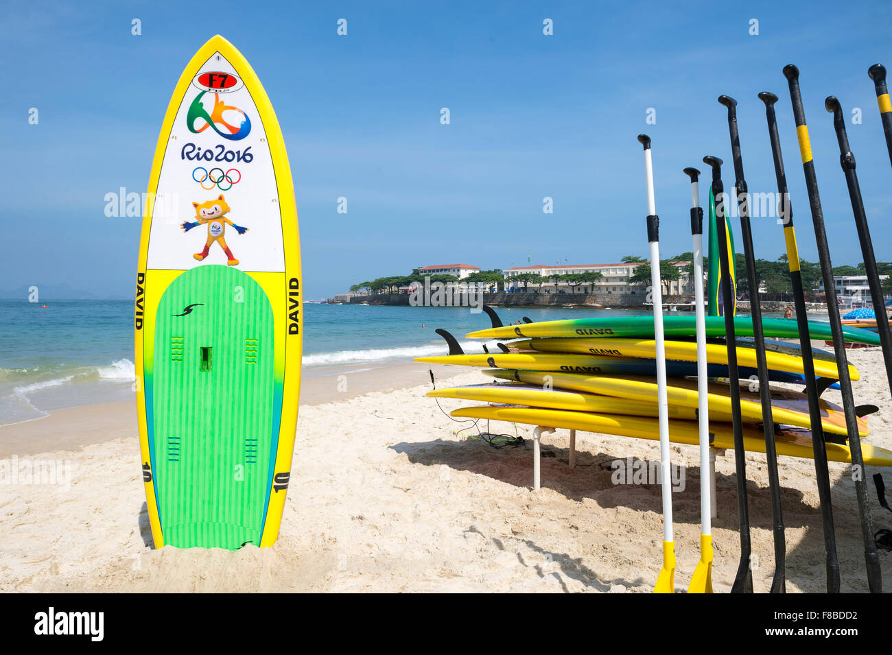 RIO DE JANEIRO, BRAZIL - NOVEMBER 10, 2015: Stand up paddle surfboard commemorating the Rio 2016 Olympic Games in Copacabana. Stock Photo