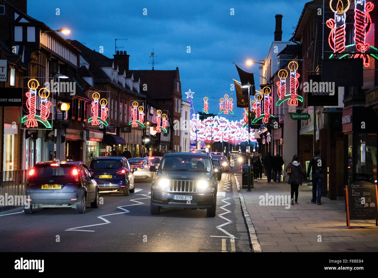 Christmas lights in Stratford upon Avon town centre. Warwickshire