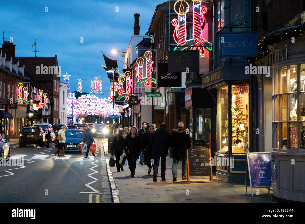 Christmas lights in Stratford upon Avon town centre. Warwickshire