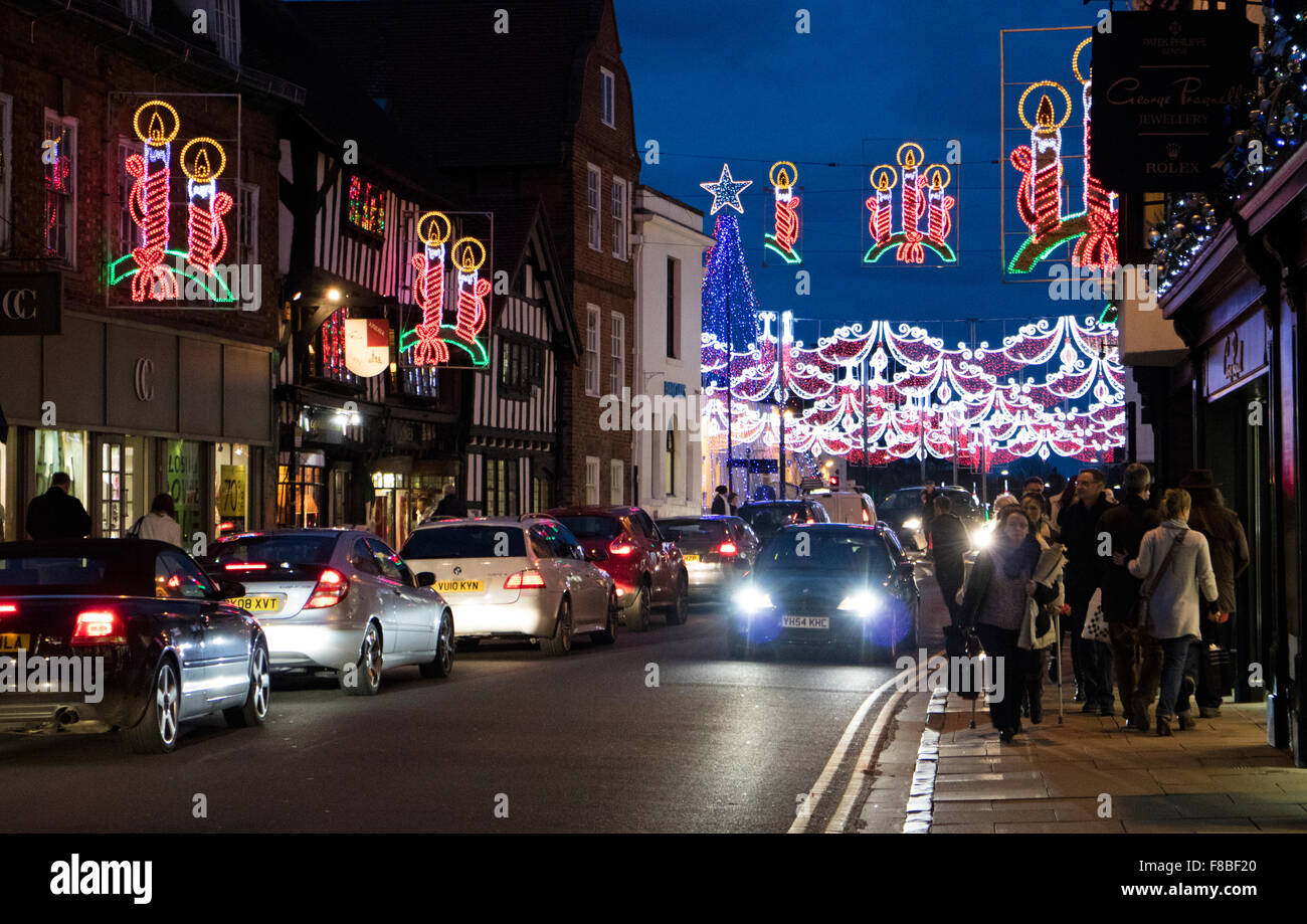 Christmas lights in Stratford upon Avon town centre. Warwickshire