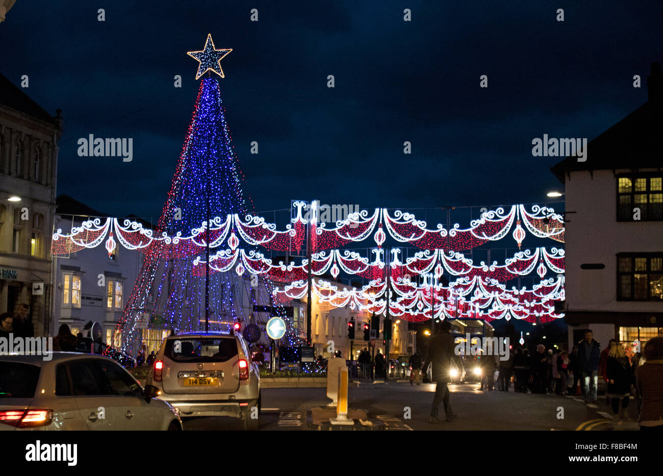 Christmas lights in Stratford upon Avon town centre. Warwickshire