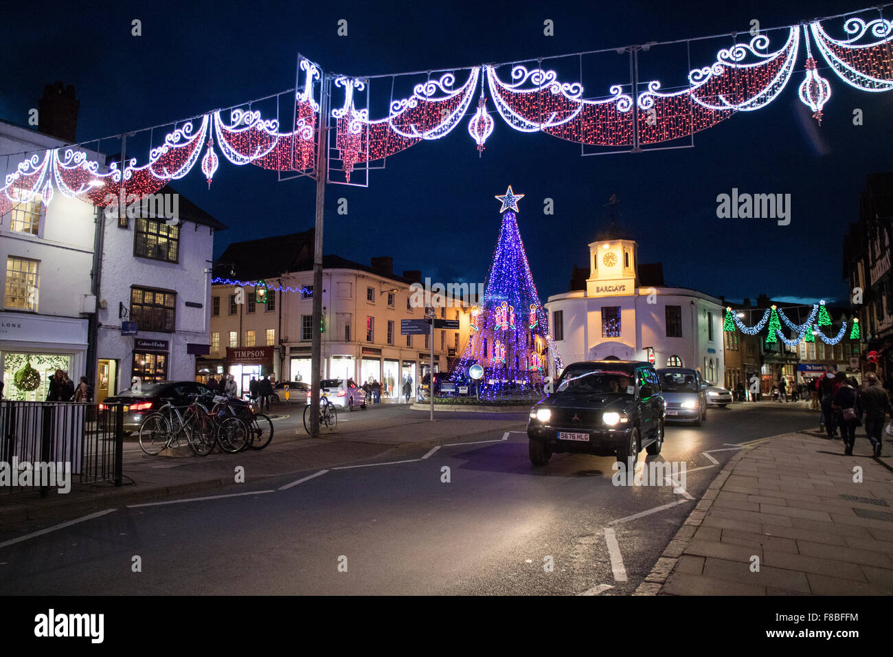 Christmas lights in Stratford upon Avon town centre. Warwickshire