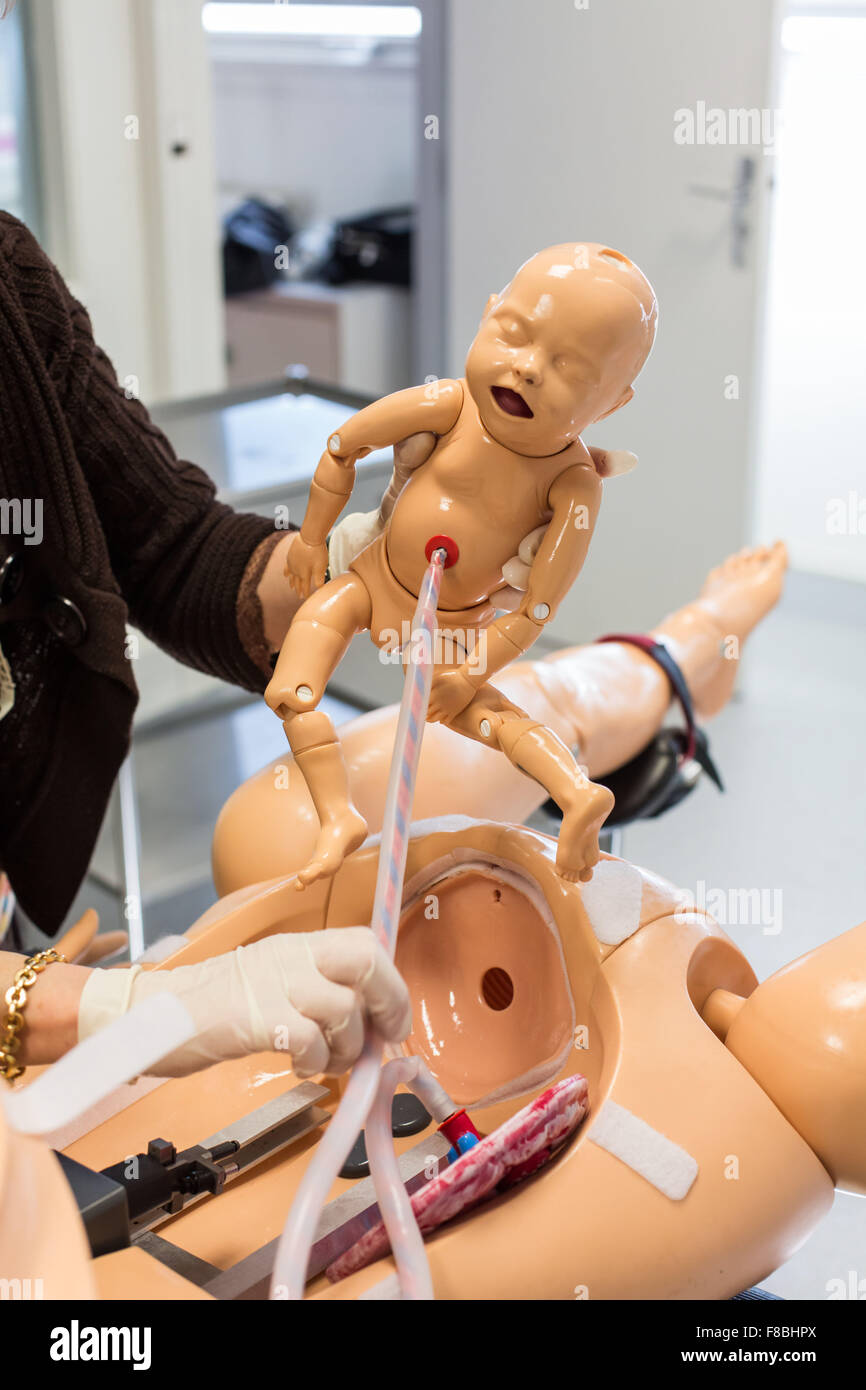 Student midwife delivering a baby mannequin from an adult mannequin, Both mannequins are equipped with sensors, sound and other devices designed to simulate many of the conditions of real childbirth, Limoges, France. Stock Photo
