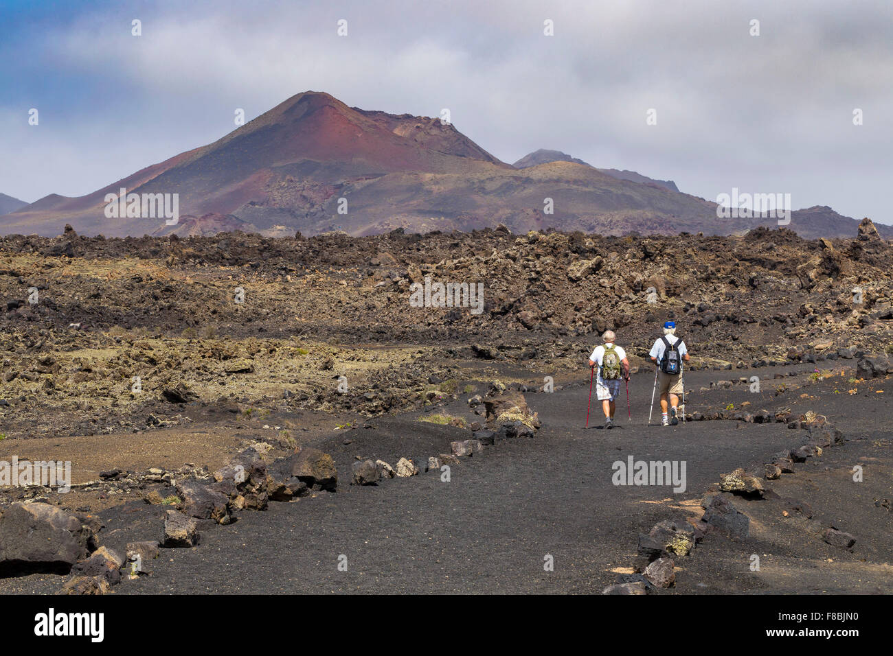 Hiking trail through volcanic landscape, Montana del Cuervo, Lanzarote, Canary Islands, Spain Stock Photo