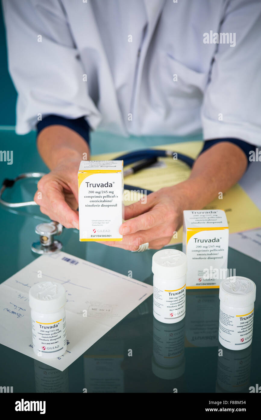 Truvada ® prescription, drug use in Aids triple therapy treatment. Stock Photo