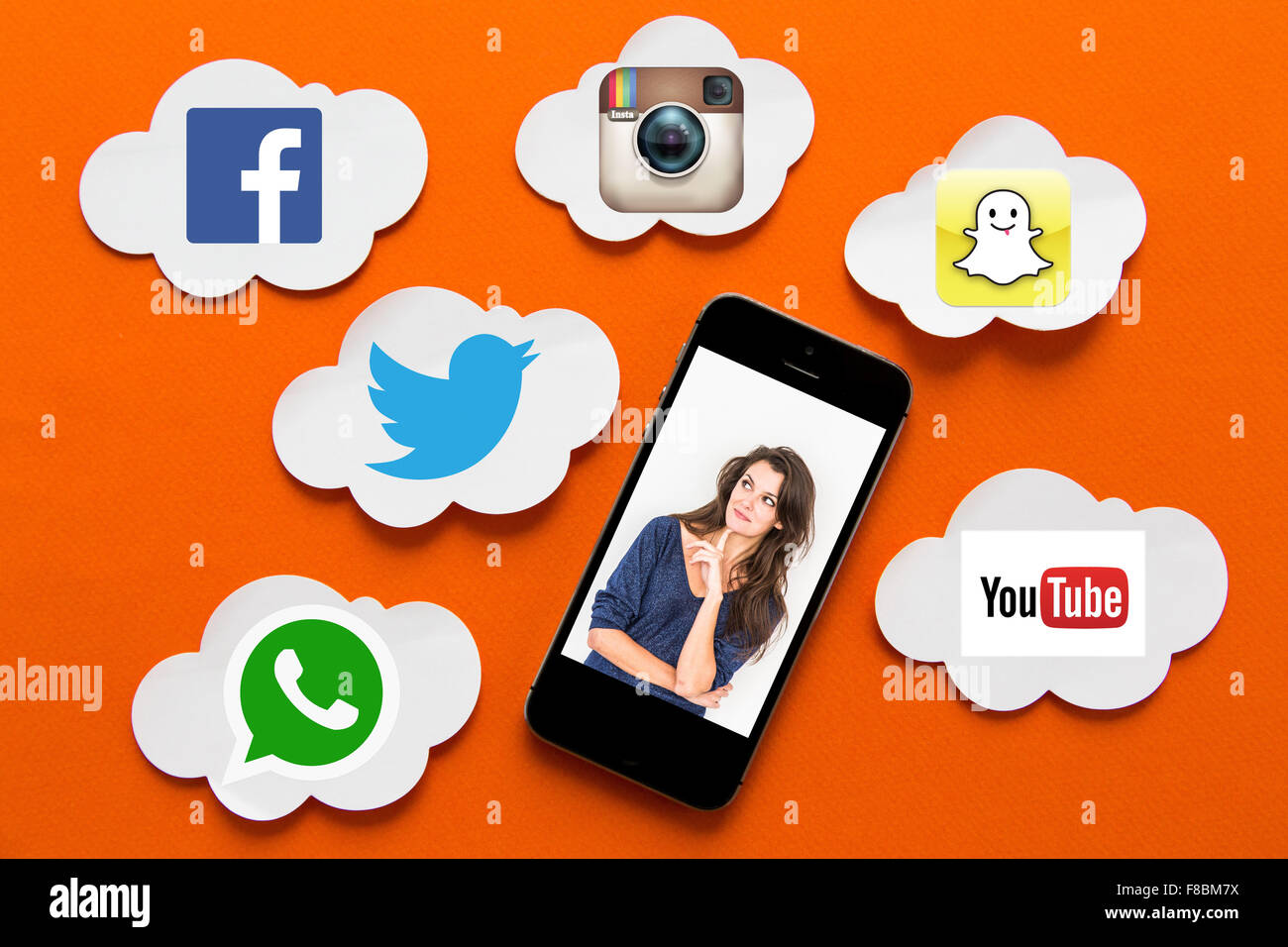 Conceptual image on different social networks (facebook, twitter, Instagram, You Tube, whatsapp et snapchat). Stock Photo