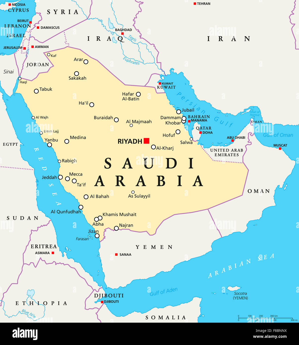 Saudi Arabia political map with capital Riyadh, national borders and important cities. English labeling and scaling. Stock Photo