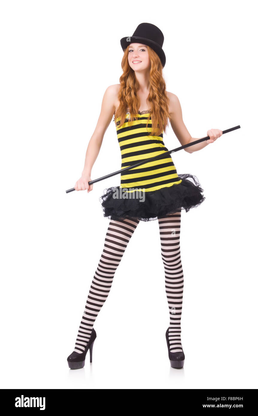 A girl in black and yellow striped dress isolated on white Stock Photo