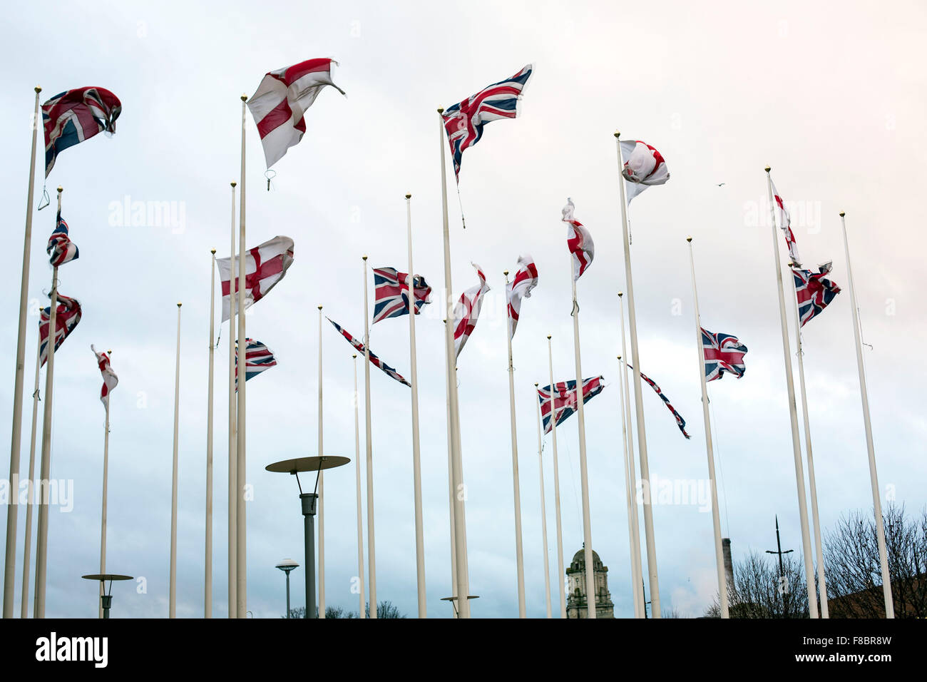 Flags St George's Union Jack fluttering wind blow Stock Photo