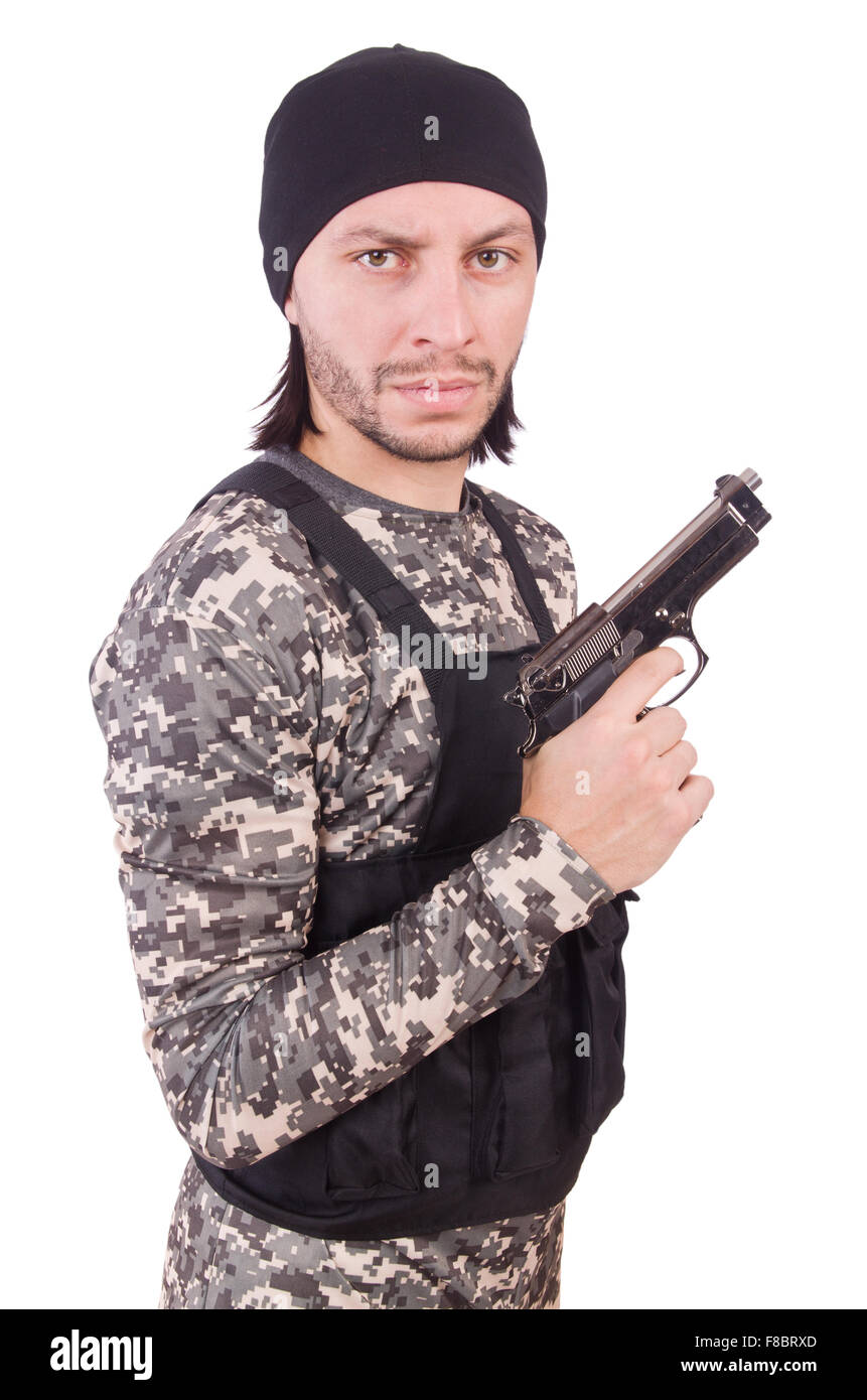 Young man in military uniform holding gun isolated on white Stock Photo ...