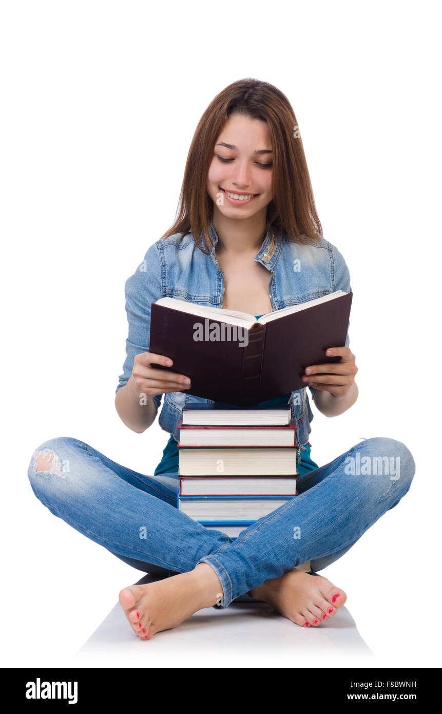 Student girl with books on white Stock Photo - Alamy